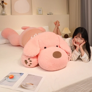 Large pink plush dog wearing a knitted sweater, soft sleeping pillow for girls and home decor
