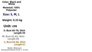Detail view of the black and white tube dress size chart and fabric specifications
