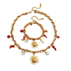 18K gold stainless steel jewelry set with red flower sun pendant necklace and bracelet