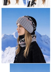 Close-up of winter knit hat and neck warmer set with Nordic snowflake patterns in dark grey
