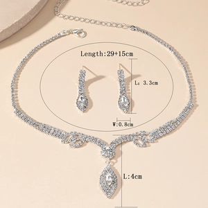 Silver rhinestone necklace and earrings set with detailed dimensions and size annotations