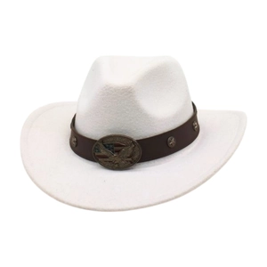Cappello da cowboy bianco in feltro di lana con fascia in pelle e fibbia con aquila