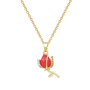 Luxurious gold rose necklace set with red flower pendant and sparkling crystal diamonds