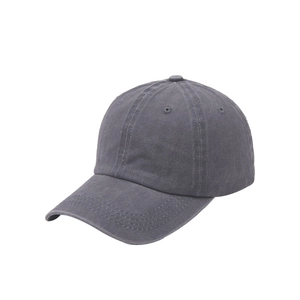 Detail view of washed dark gray cotton baseball cap with vintage distressed texture