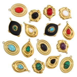 Detail of colorful geometric natural stone pendants with gold plated titanium steel finish