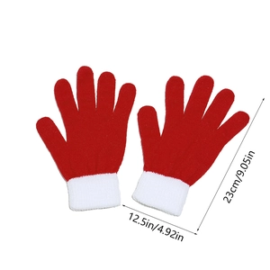 Detail of red and white knit gloves for Christmas set with size dimensions displayed