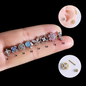 Set of 8 stainless steel cartilage earrings with zircon butterfly and flower designs
