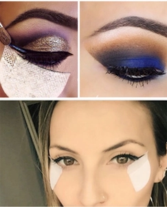 Three-frame demonstration showing how to apply eyeshadow and eyeliner with makeup shields