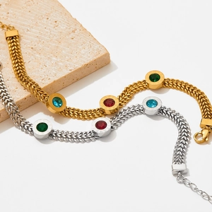 Gold and silver stainless steel flat snake chains with green red blue zircons