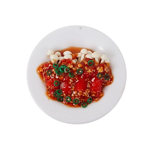 Realistic 9cm fake food model featuring enoki mushrooms with sauce on a white plate