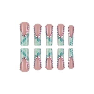 Long coffin press-on nails with green plaid pattern and colorful V-shaped rhinestones