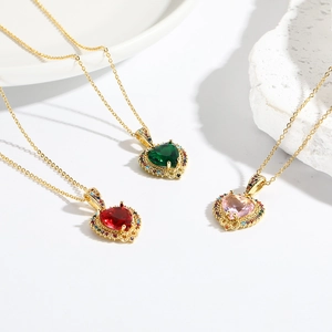 Heart Pendant Necklace 18K Gold Plated Copper Colorful Zircon Minimalist Ins Style Luxury Jewelry For Women