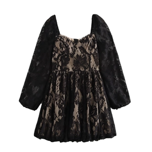 Vestito Mini Sexy In Pizzo Patchwork Da Donna Scollo Quadrato Maniche Lunghe Vita Alta Linea A Elegante