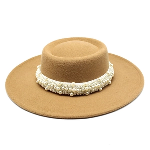 French vintage camel flat top wool hat with wide brim and pearl band decoration