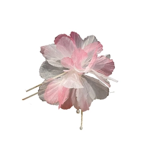 Pink and grey gradient fabric flower U-shaped hair pin with delicate pearl tassels
