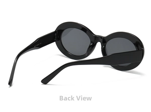 Detail view of oval rhinestone sunglasses with 5281 52-22-145 specification on inner temple