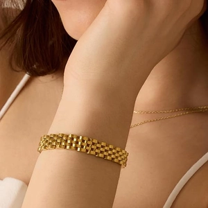 Punk style wide gold stainless steel watchband link bracelet for men and women