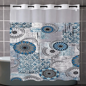 Blue and grey mandala pattern shower curtain with white translucent top panel for bathroom