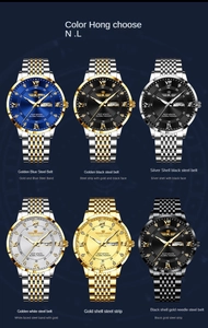 Men's steel watch collection showing six colors with Roman numeral dual date display