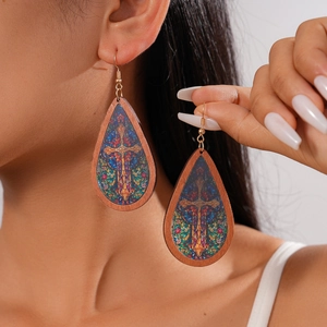 Bohemian teardrop earrings with wood texture and colorful stained glass cross pattern