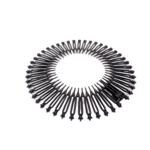 Detail of the flexible black plastic stretch hair comb headband for messy hair styling