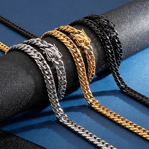 Collier Chaîne Cuban Link Homme Acier Inoxydable Avec Boucle En Strass Bijoux Style Rock