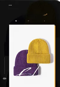 Detailed knit texture of thick yellow and purple beanies with cuff for winter warmth