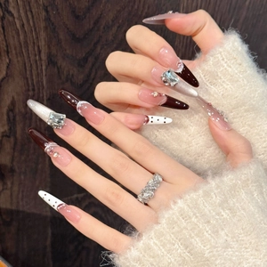 Luxury burgundy cat-eye press-on nails with silver glitter and pearl rhinestones