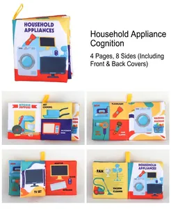 Detail view of 4-page 8-side baby cloth book showing home appliance learning themes