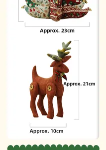 Detail view of handmade Christmas fabric reindeer and tree ornaments with size dimensions
