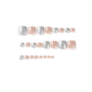 Press-on toenails set featuring nude pink polish and silver glitter sparkling finish
