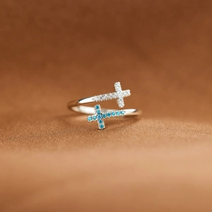 S925 Sterling Silver Cross Open Ring For Women Adjustable Minimalist Inlaid Zirconia Blue White Stone Fashion Finger Ring