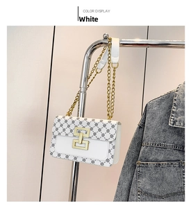 Détail du sac à chaîne blanc avec motif trèfle noir et boucle dorée sur cintre