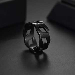 Close-up of 9mm black stainless steel chain ring with a matte finish and punk style