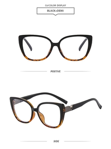 Cat eye glasses in black and demi with metal accents showing front and side views