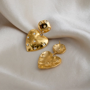 18k gold plated heart drop earrings with starry star rhinestones and hammered texture