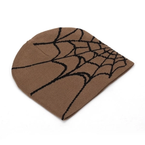 Detailed knit texture of brown beanie with black spider web pattern for winter