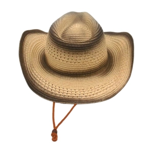Detailed view of a Western cowboy straw hat with gradient brown color and chin strap.