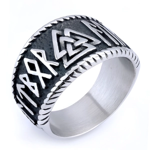 Nordic Viking Odin Valknut ring in antique silver finish with runic inscriptions