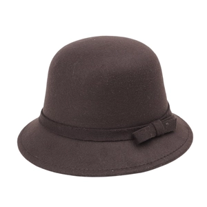 Detail of elegant dark brown wool cloche hat with a matching decorative ribbon bow