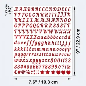 Detailed size chart for red glitter alphabet and number stickers set with 0.5 inch height