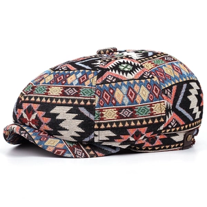 Vintage bohemian style newsboy beret hat featuring colorful geometric knit patterns