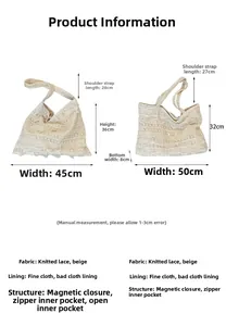 Detailed size chart for bohemian crochet lace tote bags with internal pocket features