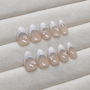 French tip press-on nails with ocean pearls and rhinestones on pink base 24pcs