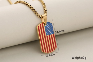 Detail of gold US flag military pendant showing 33.1mm height and 19.8mm width