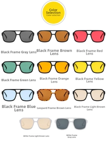 Selection of retro square pilot sunglasses in 11 colors with diverse tinted lenses