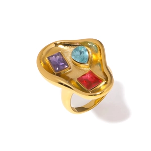 18K gold plated asymmetric ring with colorful zircon stones in organic lava style