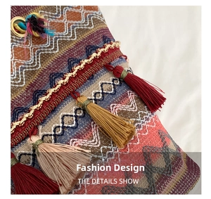Detailed macro view of bohemian woven fabric with geometric patterns and colorful tassels
