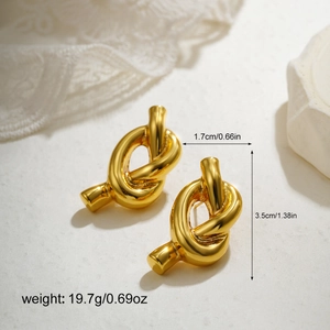 Polished 18K gold large knot earrings shown with precise size and weight measurements