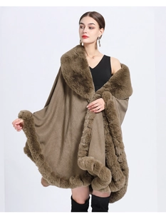 Elegant khaki faux rabbit fur collar cape showing knit cardigan drape on model